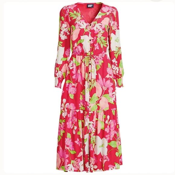 Lands End Women's Crepe Floral Button Front Long Sleeve Midi Dress Medium 2025 - Picture 1 of 16